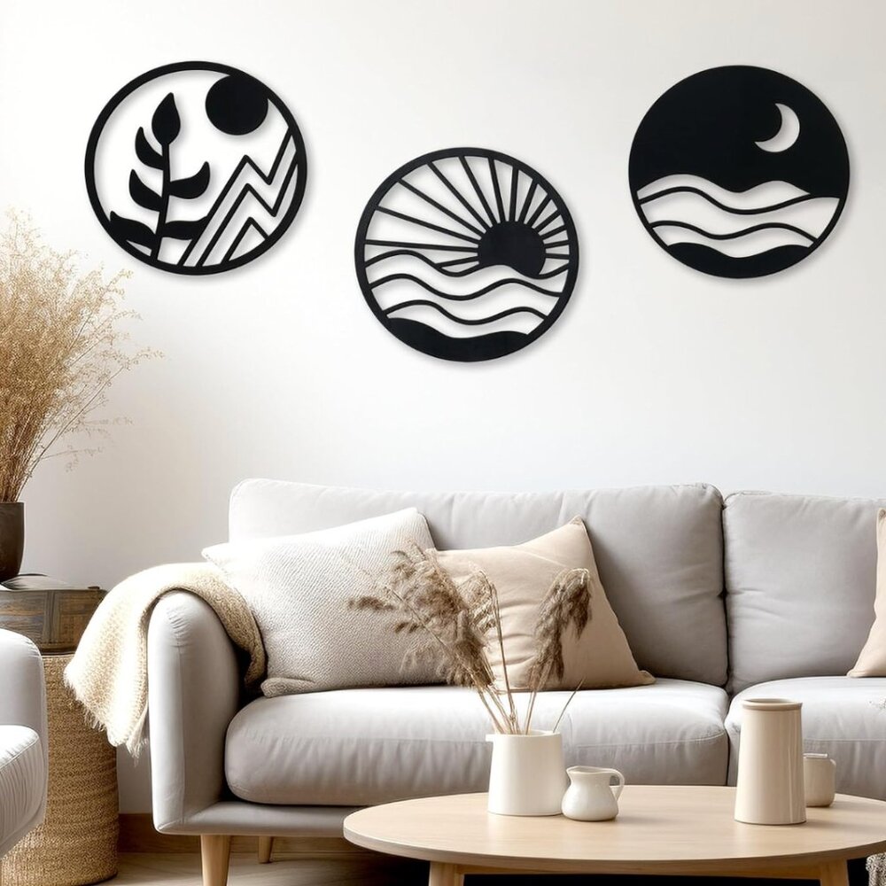 3 PCS Boho Wall Art – 10” Vintage Black Hollow-Out Wooden Decor, Bohemian